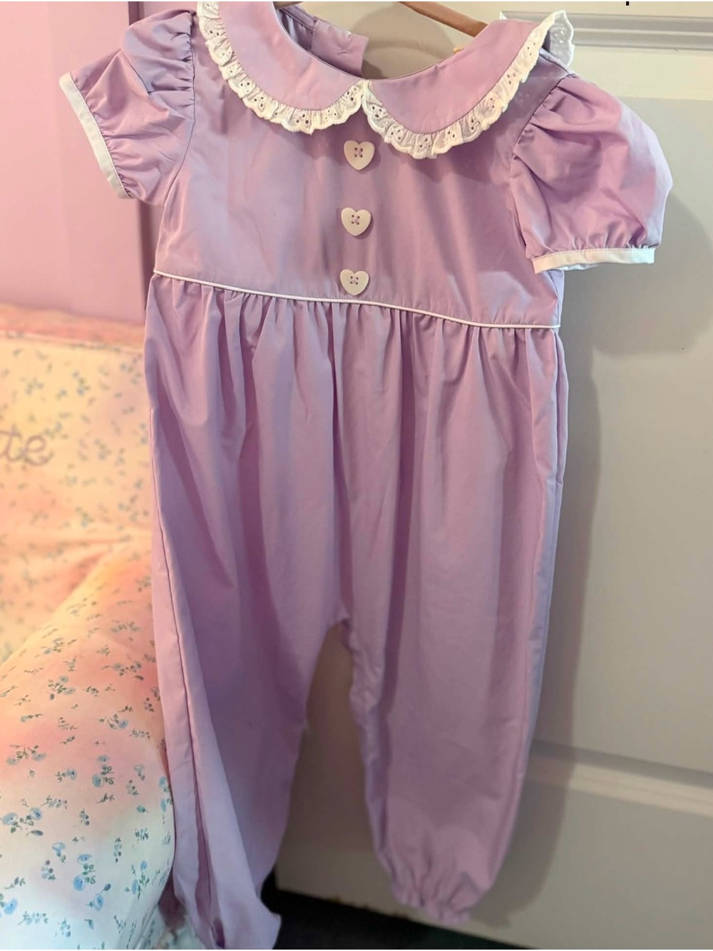 The Beaufort Bonnet Company Lilac Puff-Sleeve Romper with Peter Pan Collar